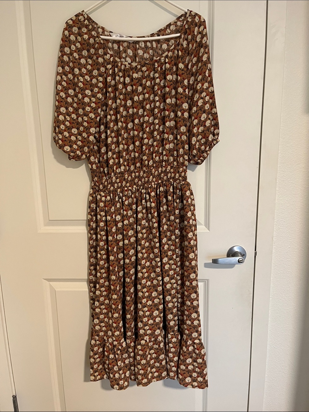 Brown Floral Midi Dress with Puff Sleeves